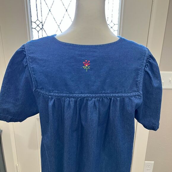 Go Softly Denim Embroidered Floral Zip Front Midi Patio Dress – Size M - Picture 6 of 12